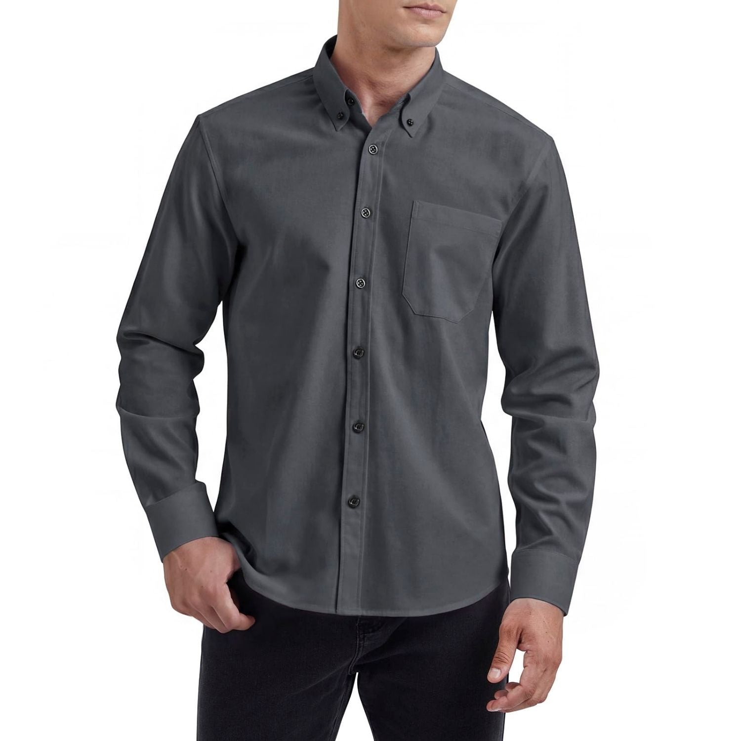 Men's Dark Grey Oxford Shirts With Chest Pocket Formal Office