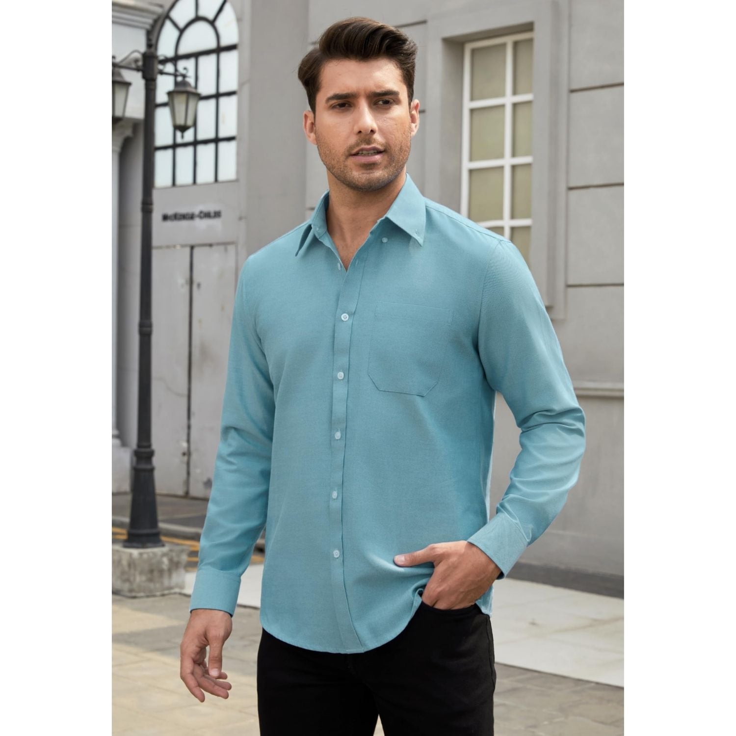 Men's Haze Blue Oxford Shirts With Chest Pocket Date Night - Image 2
