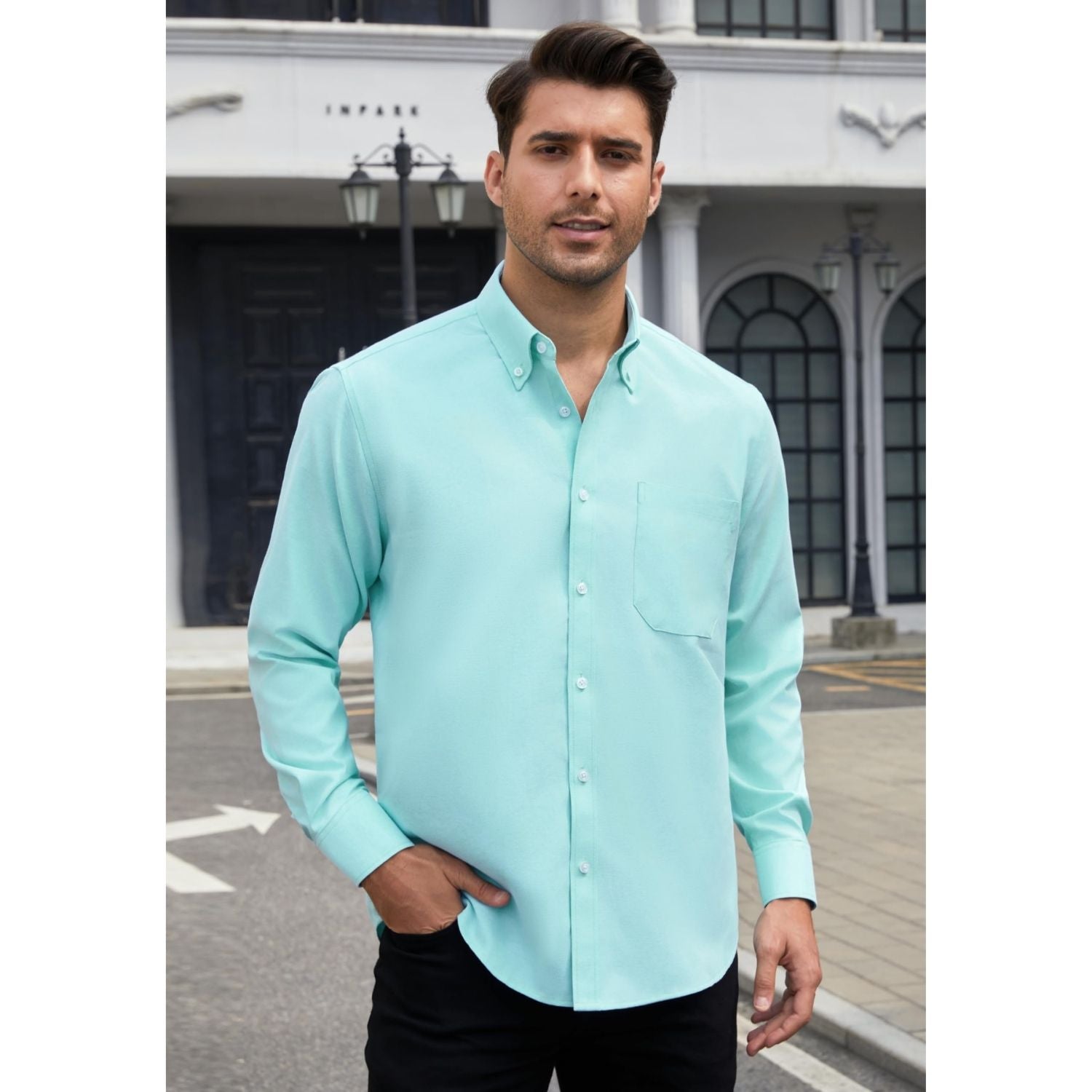 Men's Lake Blue Oxford Shirts With Chest Pocket Weekend Wear - Image 2