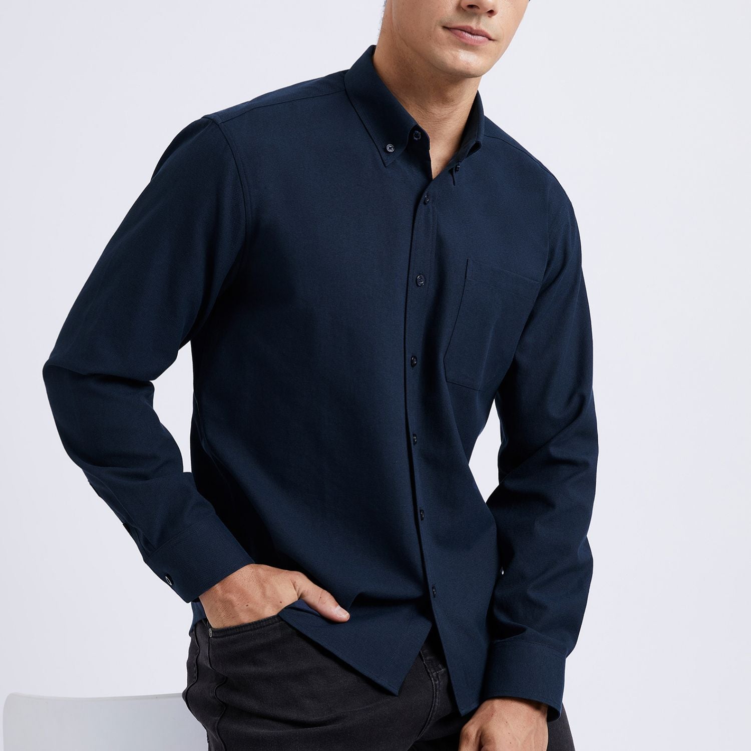 Men's Navy Blue Oxford Shirts With Chest Pocket Formal Office - Image 3