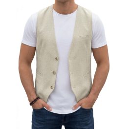 Men's Beige Casual Linen Vest Lightweight Summer Waistcoat