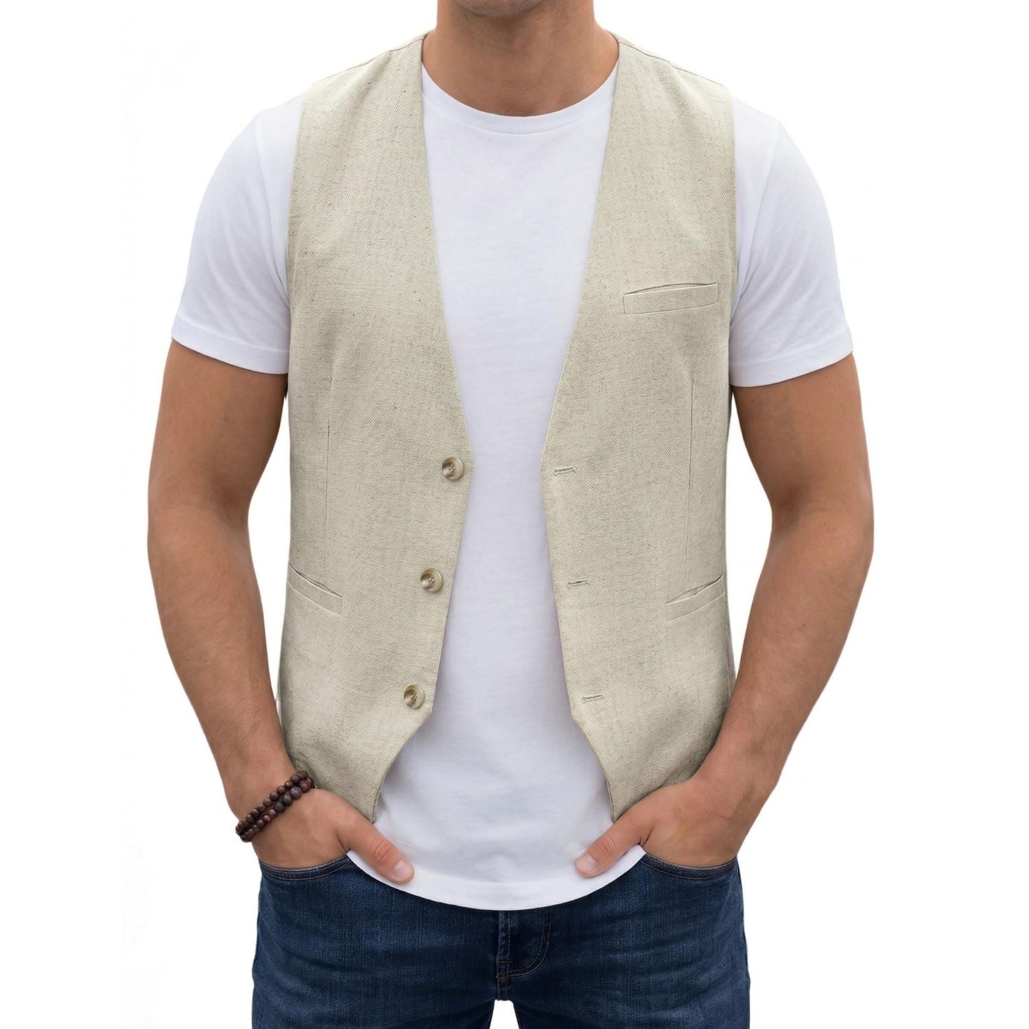 Men's Beige Casual Linen Vest Lightweight Summer Waistcoat
