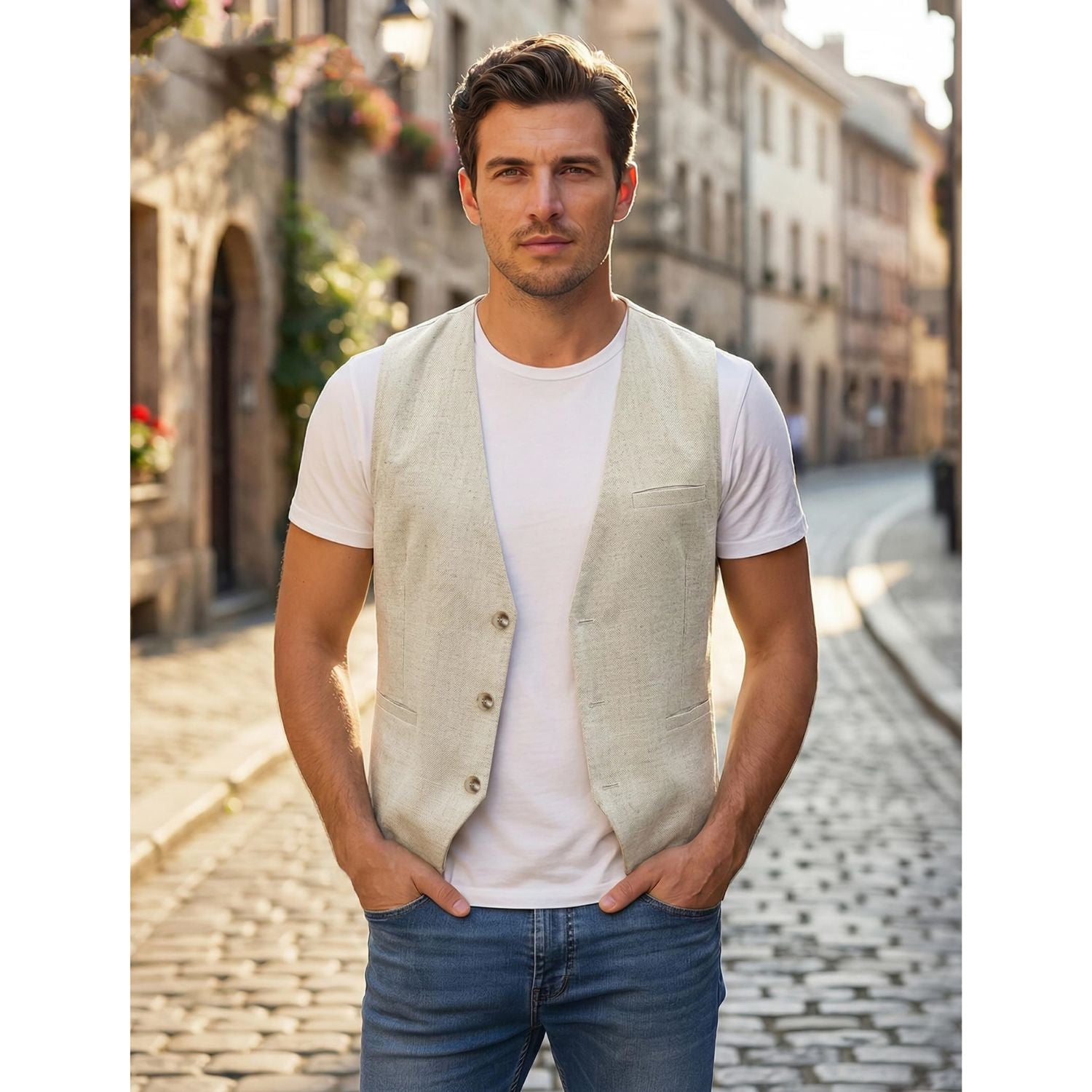 Men's Beige Casual Linen Vest Lightweight Summer Waistcoat - Image 2