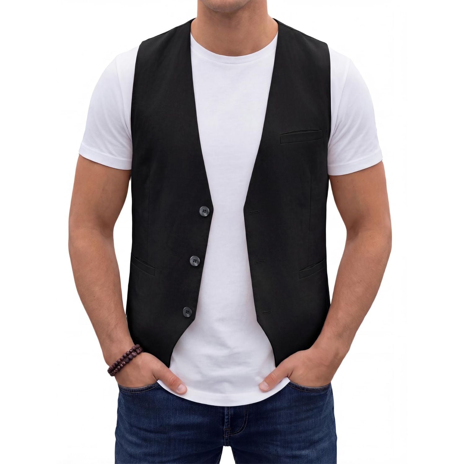 Men's Black Casual Linen Vest Lightweight Summer Waistcoat