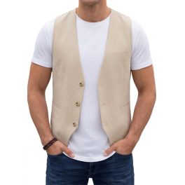 Men's Champagne Casual Linen Vest Lightweight Summer Waistcoat