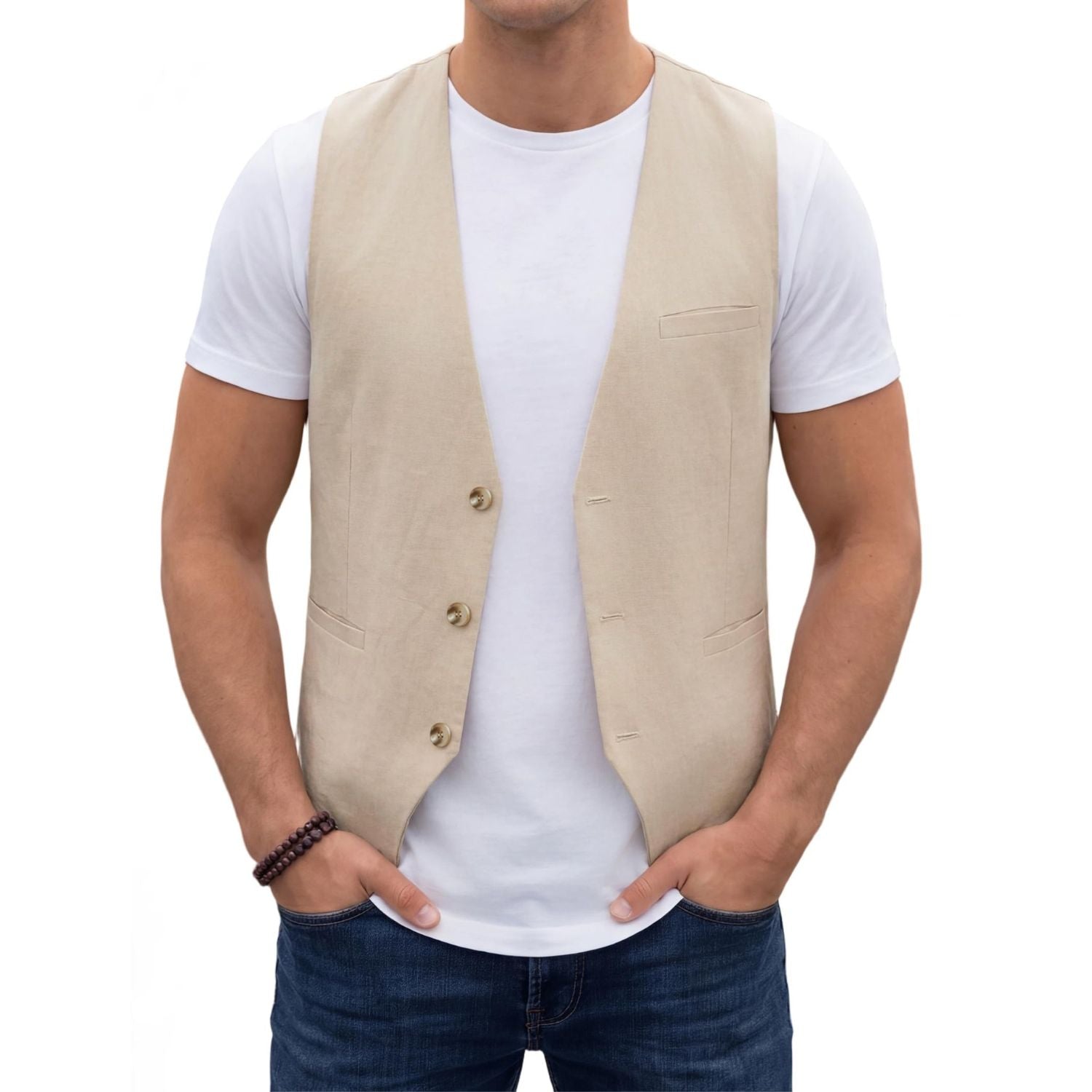 Men's Champagne Casual Linen Vest Lightweight Summer Waistcoat