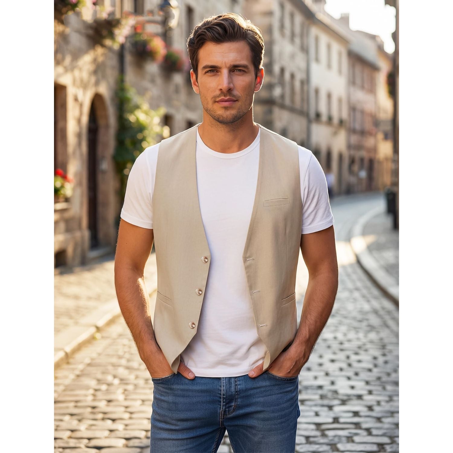 Men's Champagne Casual Linen Vest Lightweight Summer Waistcoat - Image 2