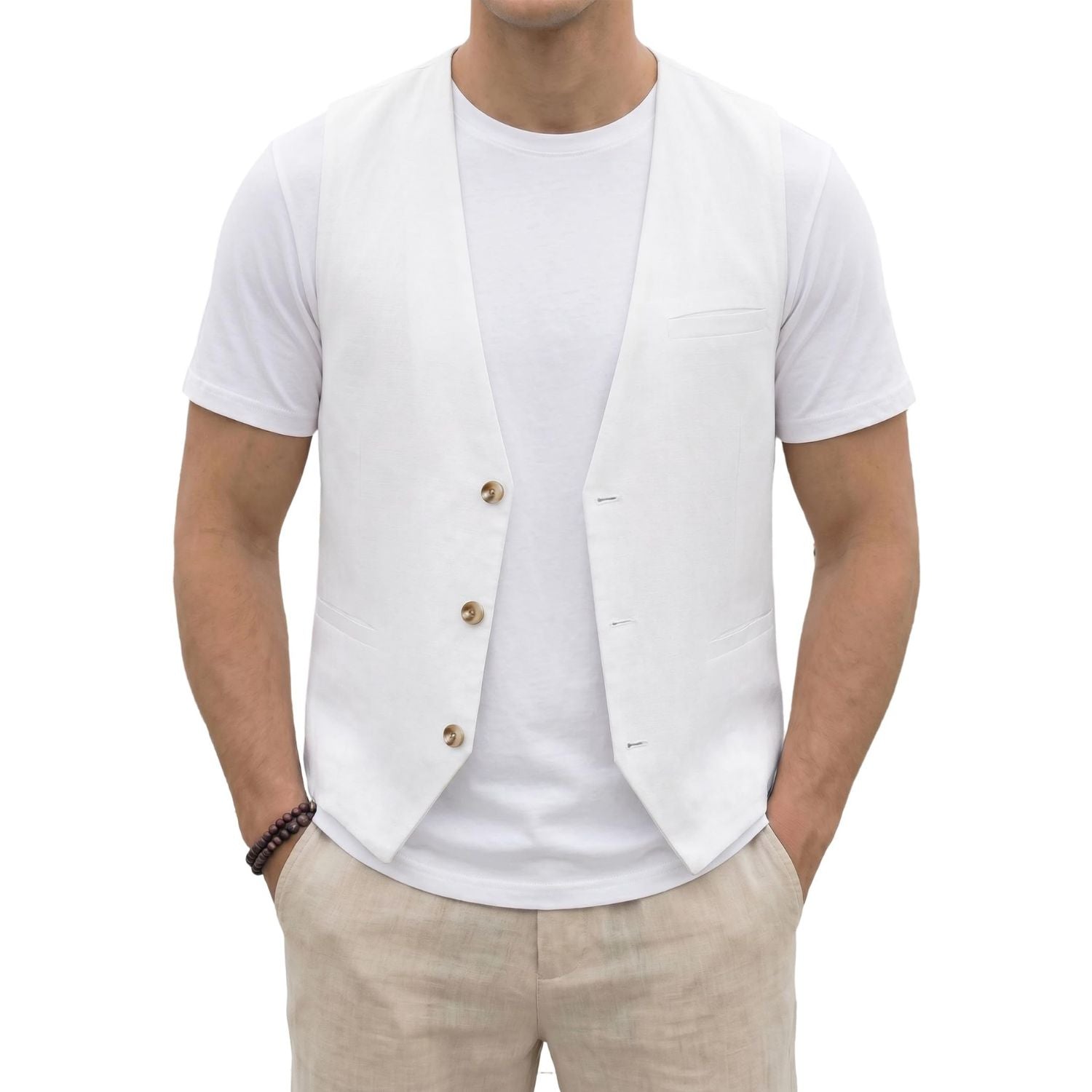 Men's White Casual Linen Vest Lightweight Summer Waistcoat