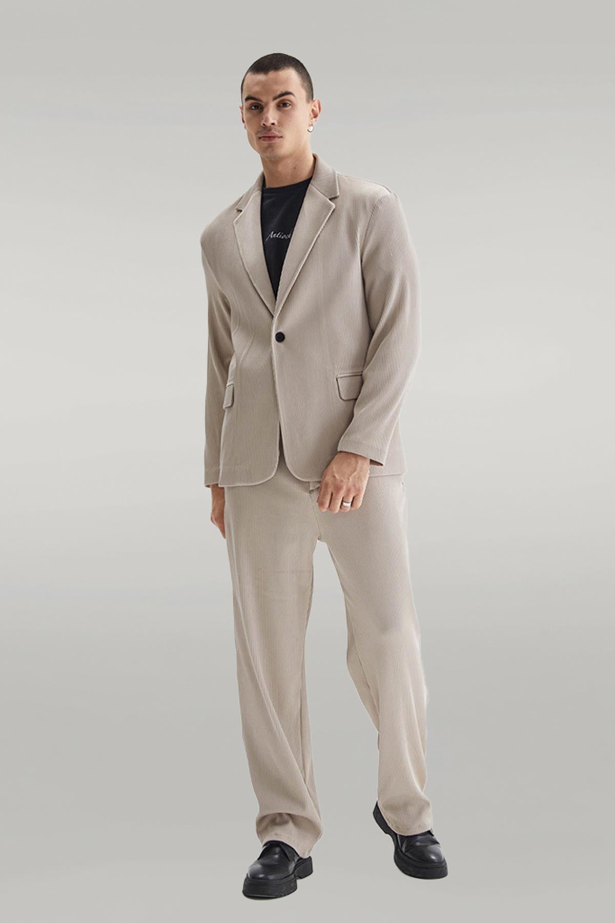 Men's Beige Ribbed Textured Oversize Suit