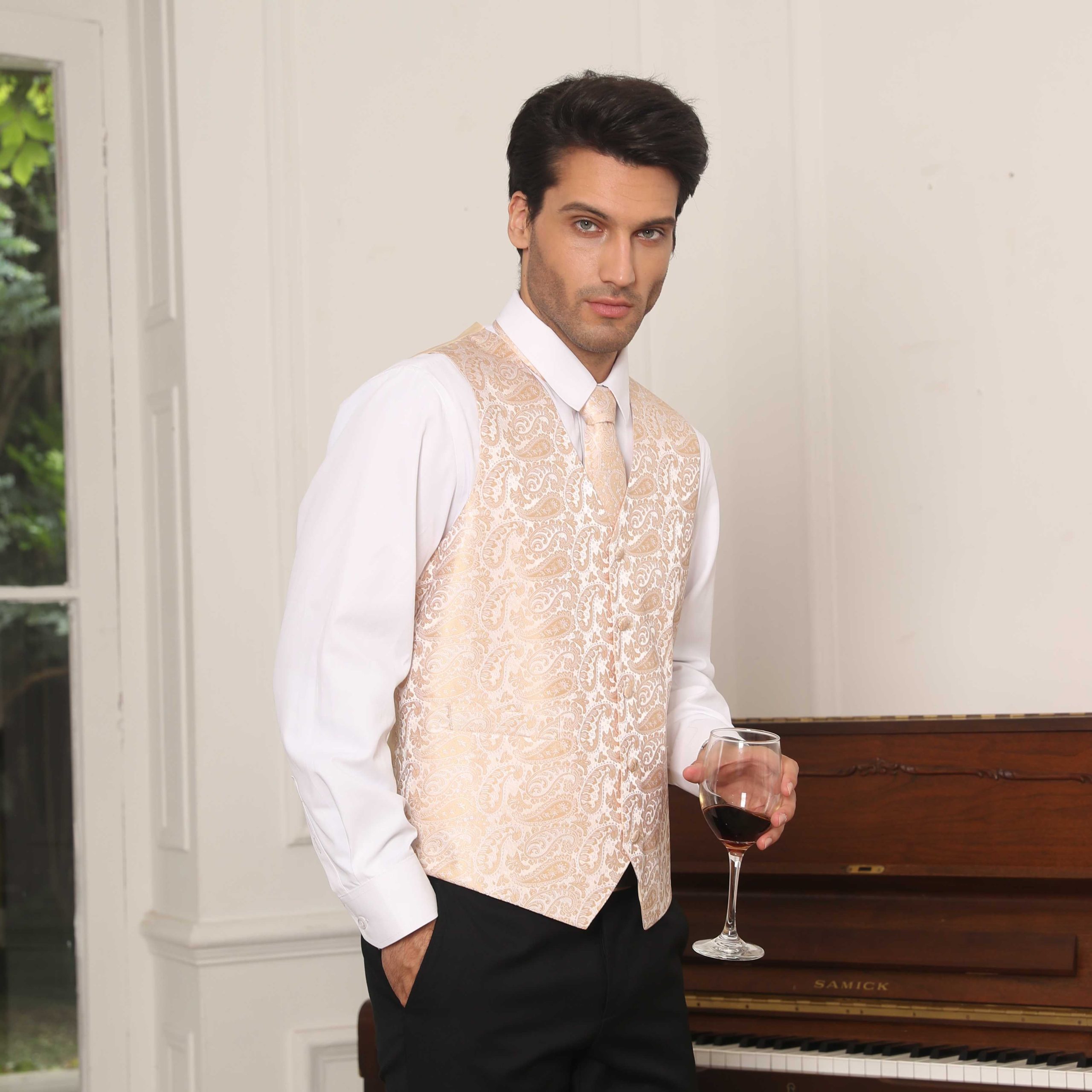 Men's Champagne Gold Paisley Vest Tie Set For Weddings - Image 3