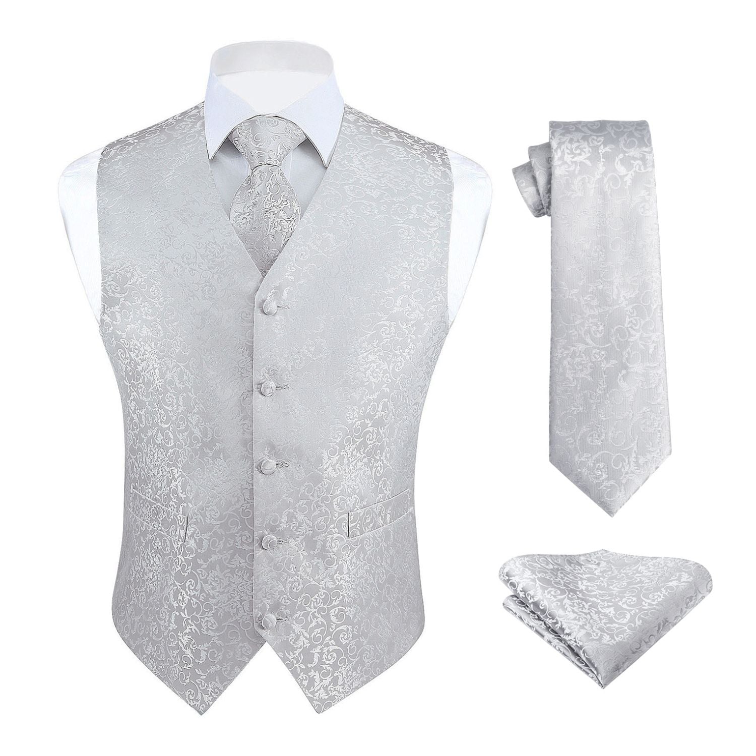 Men's Grey Silver Paisley Vest Tie Set For Weddings
