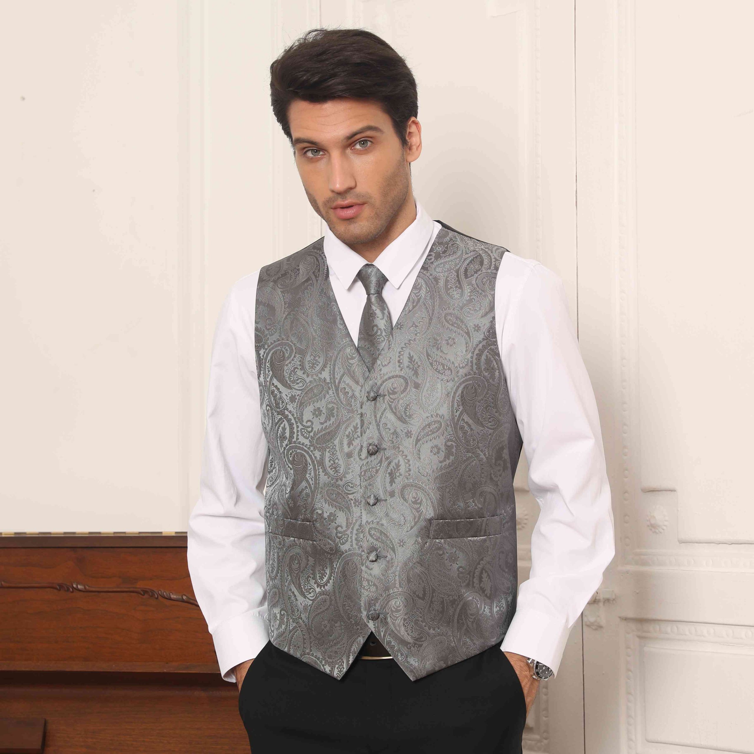 Men's Grey Paisley Vest Tie Set For Weddings Anniversary - Image 2