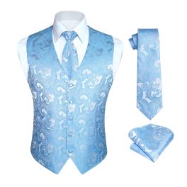 Men's Light Blue Paisley Vest Tie Set For Weddings