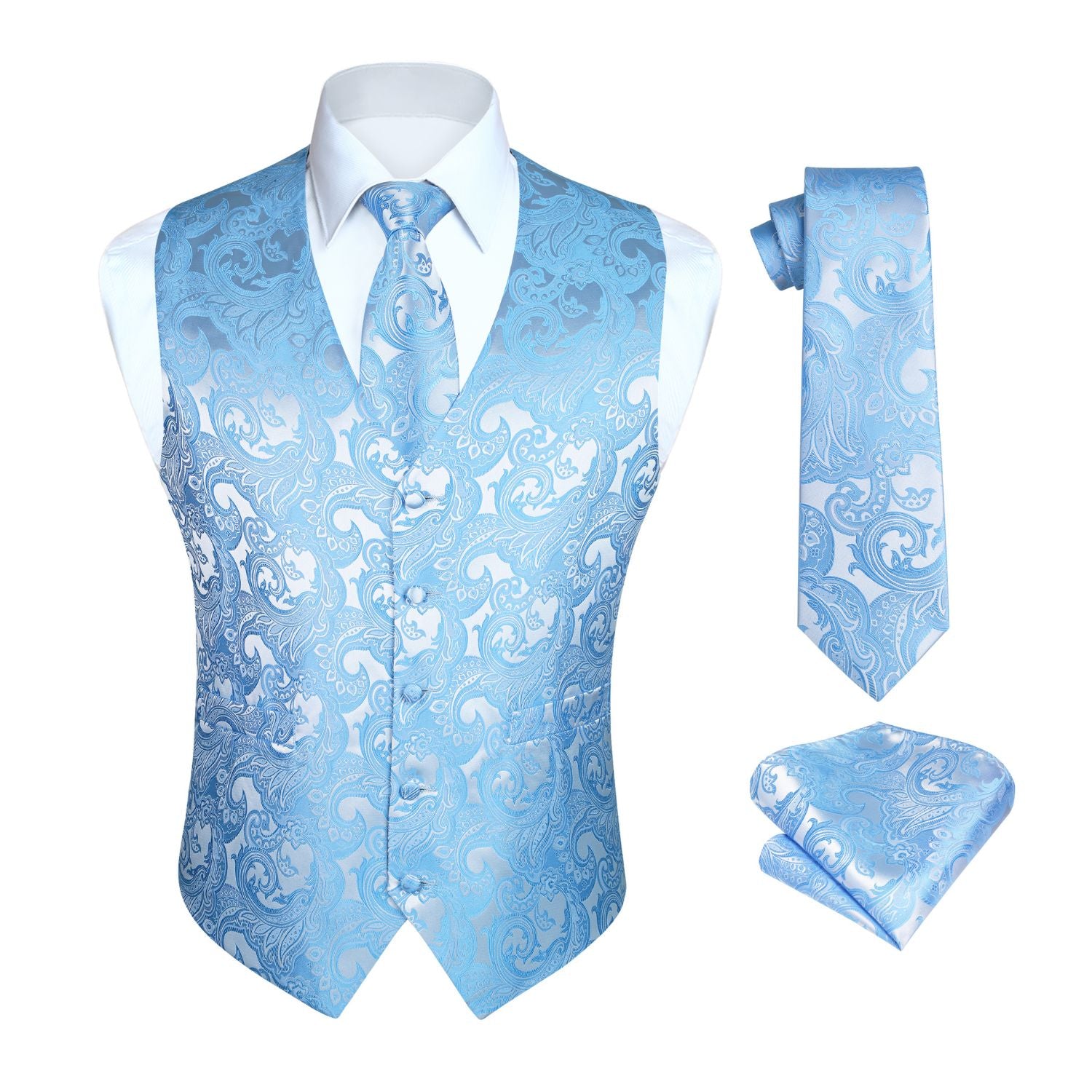 Men's Light Blue Paisley Vest Tie Set For Weddings