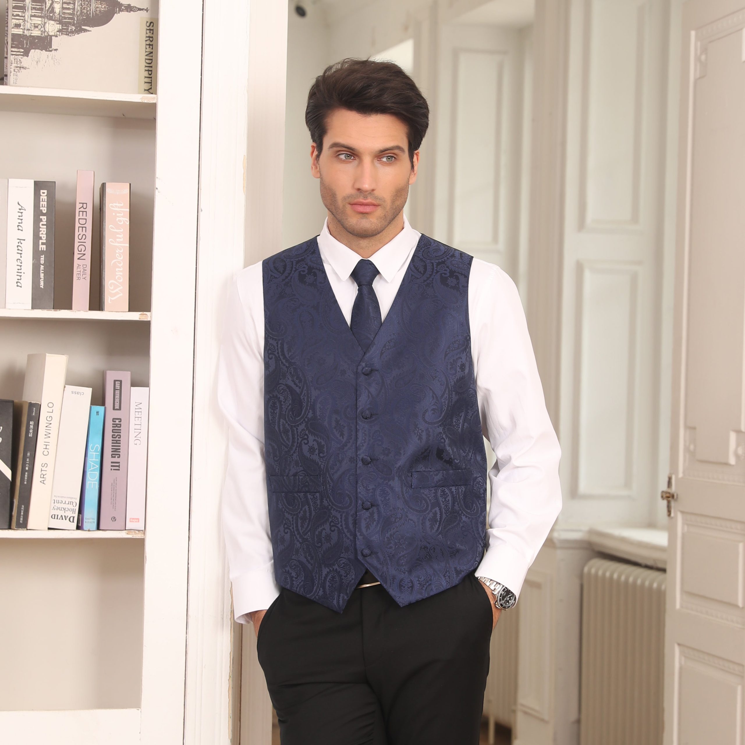 Men's Navy Blue Paisley Vest Tie Set For Weddings Anniversary - Image 2