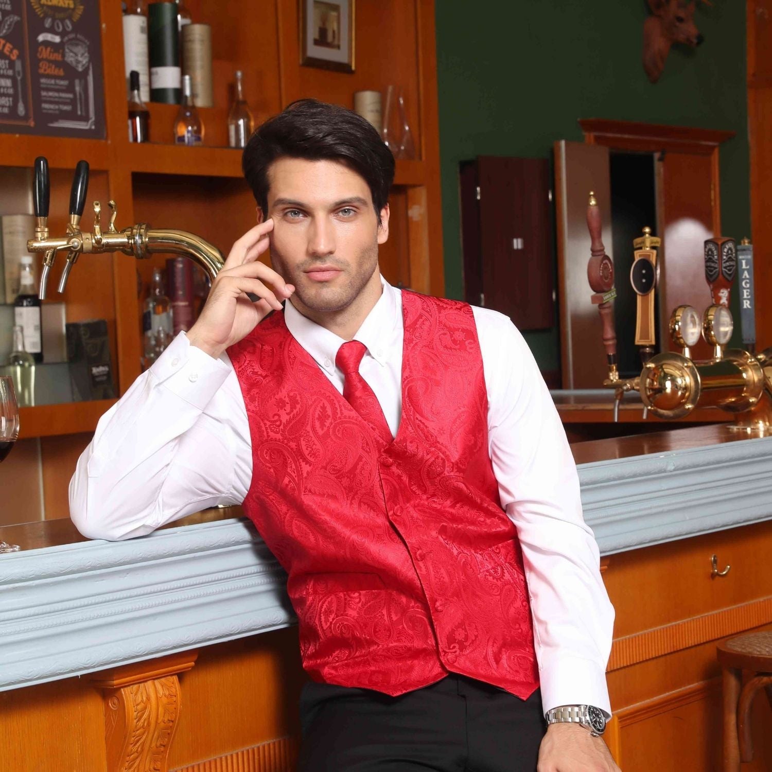 Red Tailored Slim Fit Silk-Lined Dress Vest For Weddings & Tuxedo Pairing - Image 2