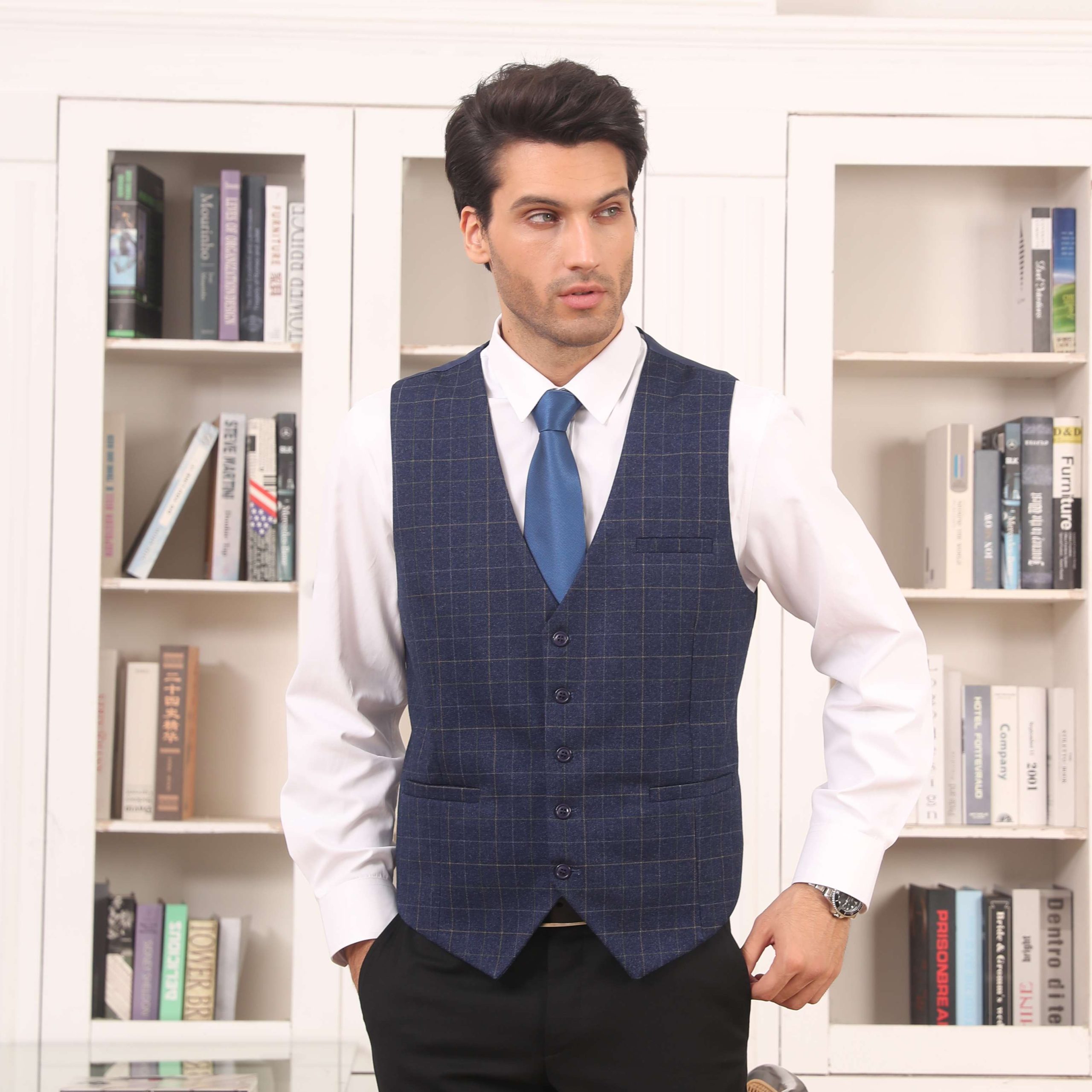 Men's Blue Plaid Wedding Vest For Skinny Guys - Image 2