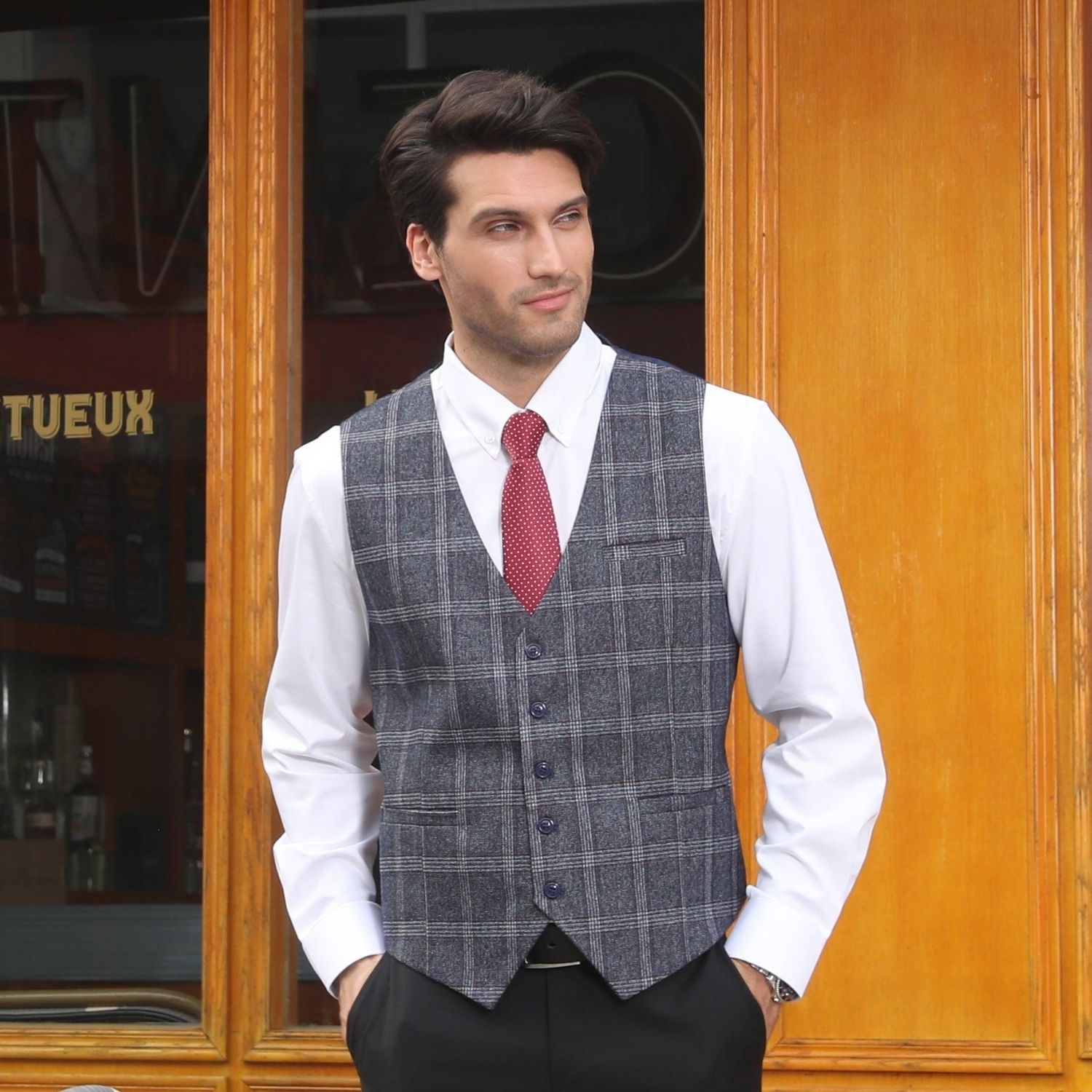Men's Blue Grey Plaid Wedding Vest For Skinny Guys - Image 2