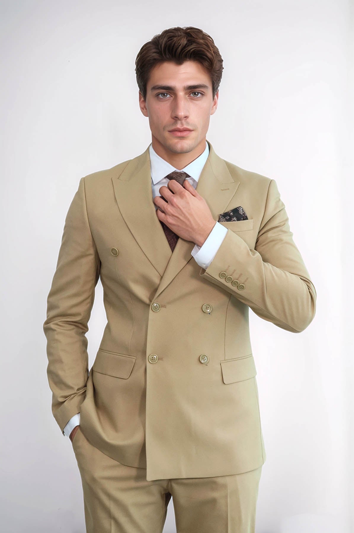 Wide Peak Collar Slim Fit Cream Men Double-Breasted Suit