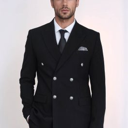 Modern Fit Double-Breasted Black Men’s Suit With Silver-Tone Metal Buttons