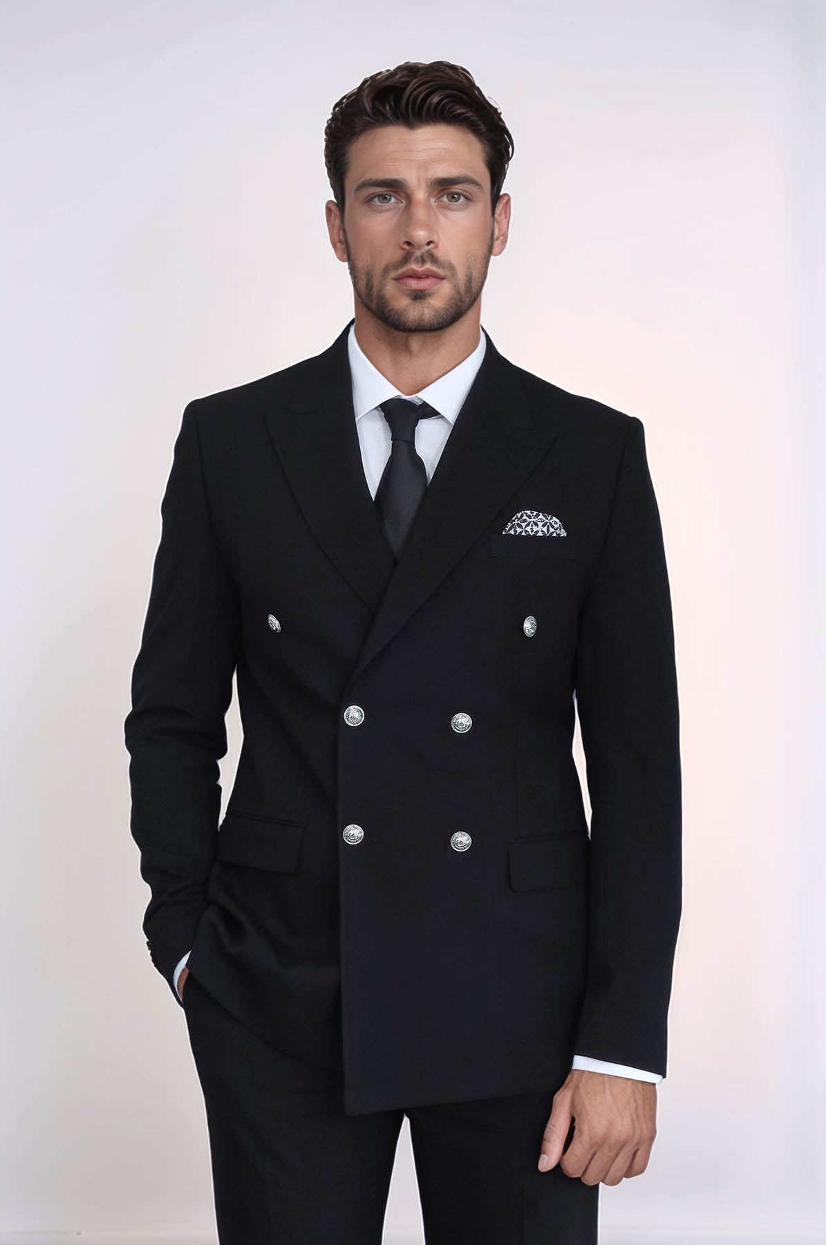 Modern Fit Double-Breasted Black Men’s Suit With Silver-Tone Metal Buttons
