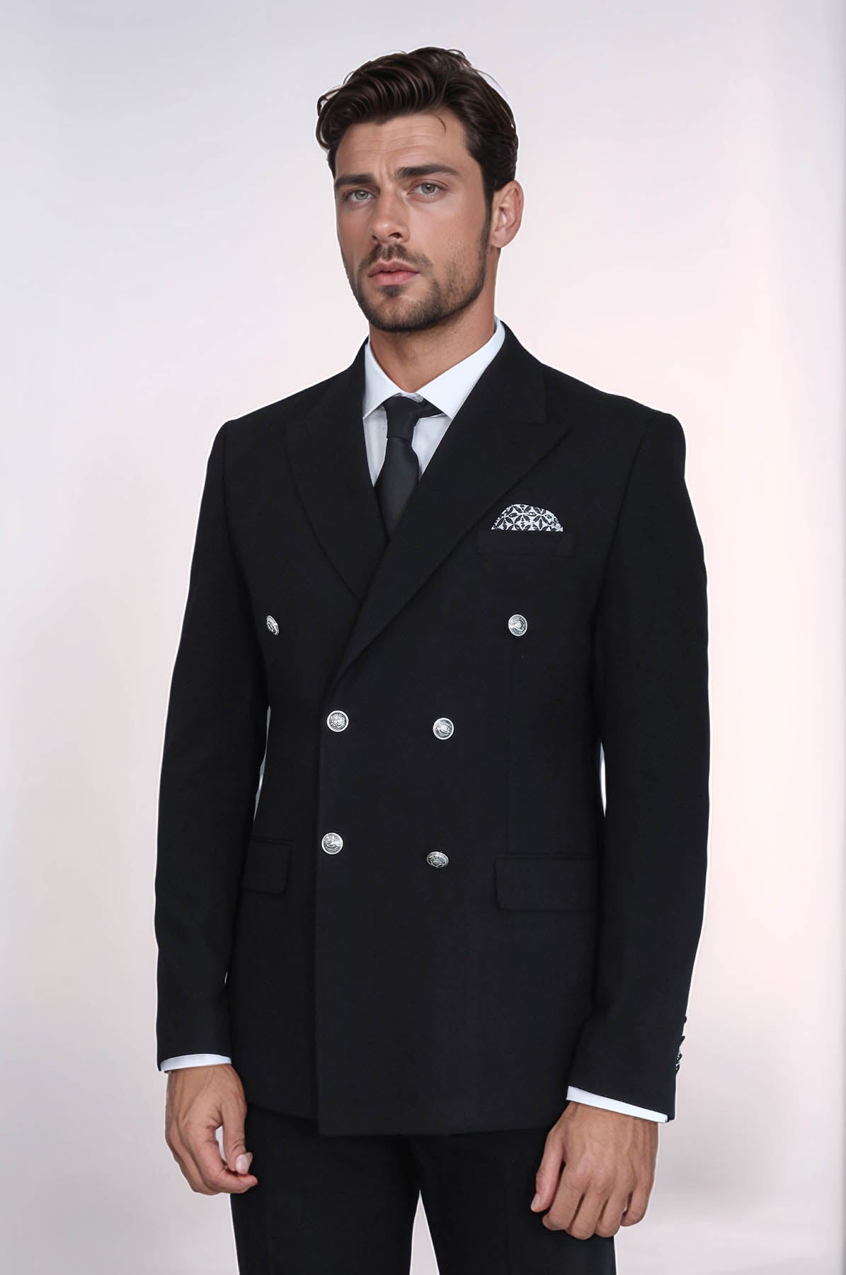 Modern Fit Double-Breasted Black Men’s Suit With Silver-Tone Metal Buttons - Image 4