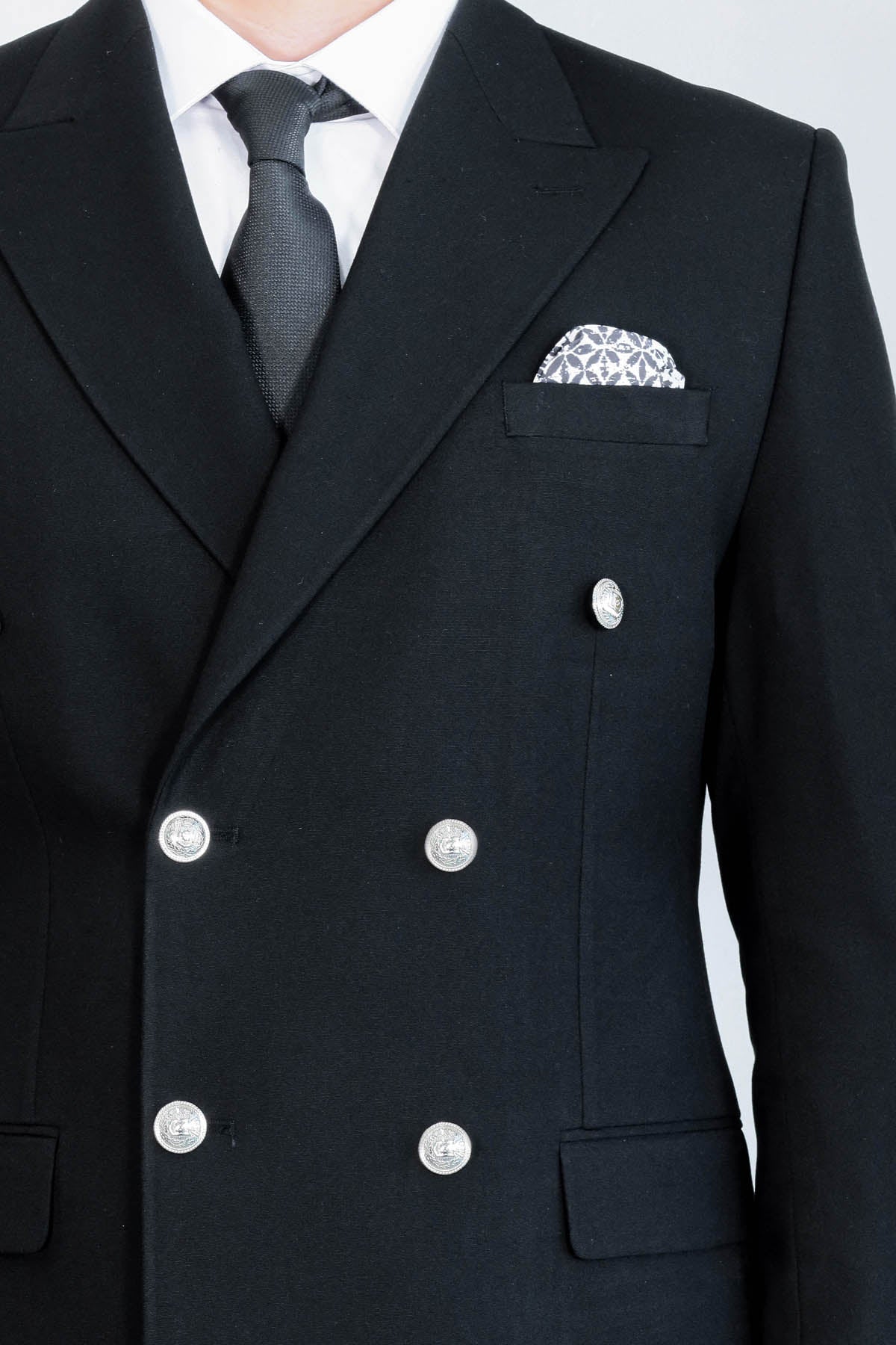 Modern Fit Double-Breasted Black Men’s Suit With Silver-Tone Metal Buttons - Image 2