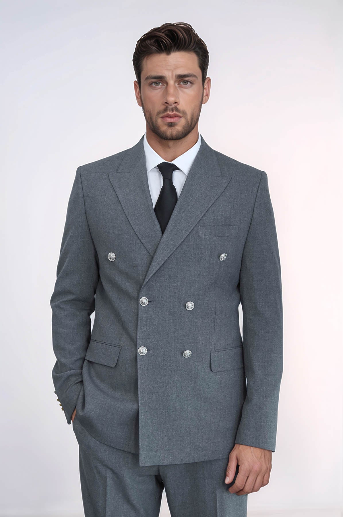 Modern Fit Double-Breasted Grey Men’s Suit With Silver-Tone Metal Buttons - Image 3
