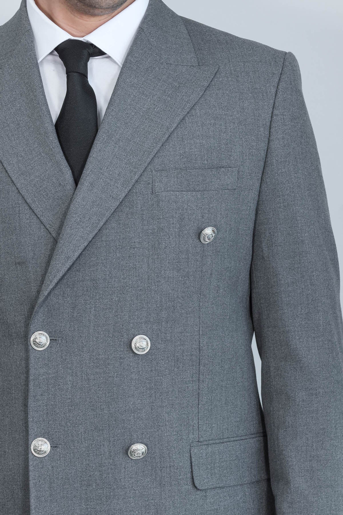 Modern Fit Double-Breasted Grey Men’s Suit With Silver-Tone Metal Buttons - Image 2