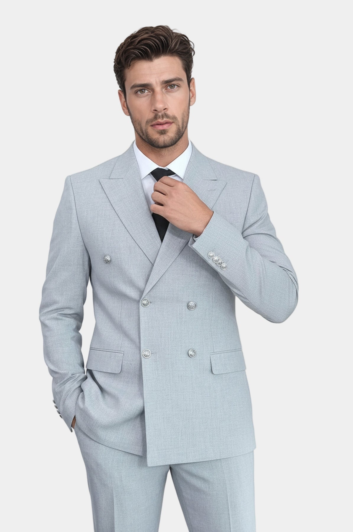 Modern Fit Double-Breasted Anthracite Men’s Suit With Silver-Tone Metal Buttons