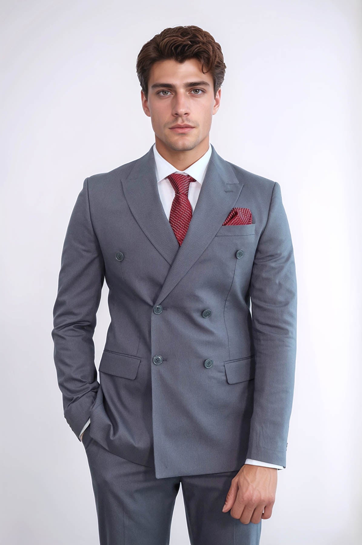 Classic Pinstripe Double Breasted Men's Taupe Suit - Image 2