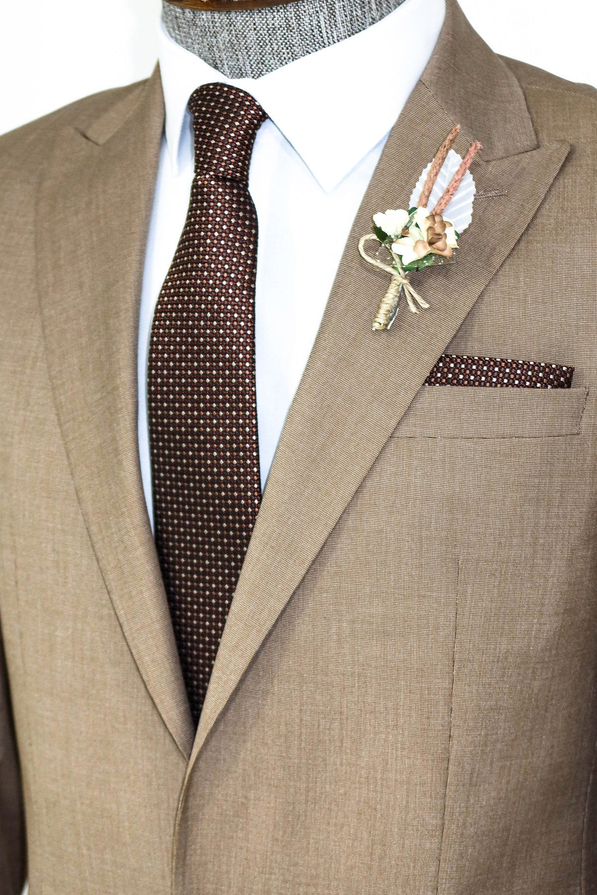 2 Piece Patterned Slim Fit Dark Beige Men Suit - Image 2