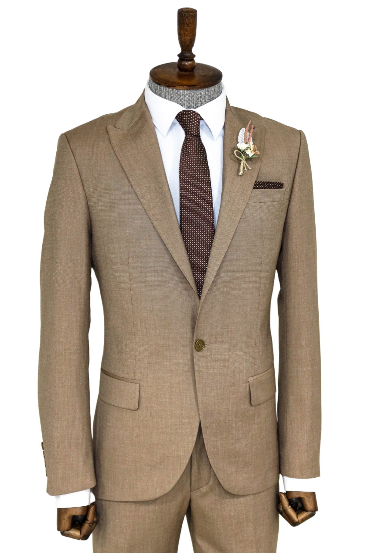 2 Piece Patterned Slim Fit Dark Beige Men Suit - Image 4
