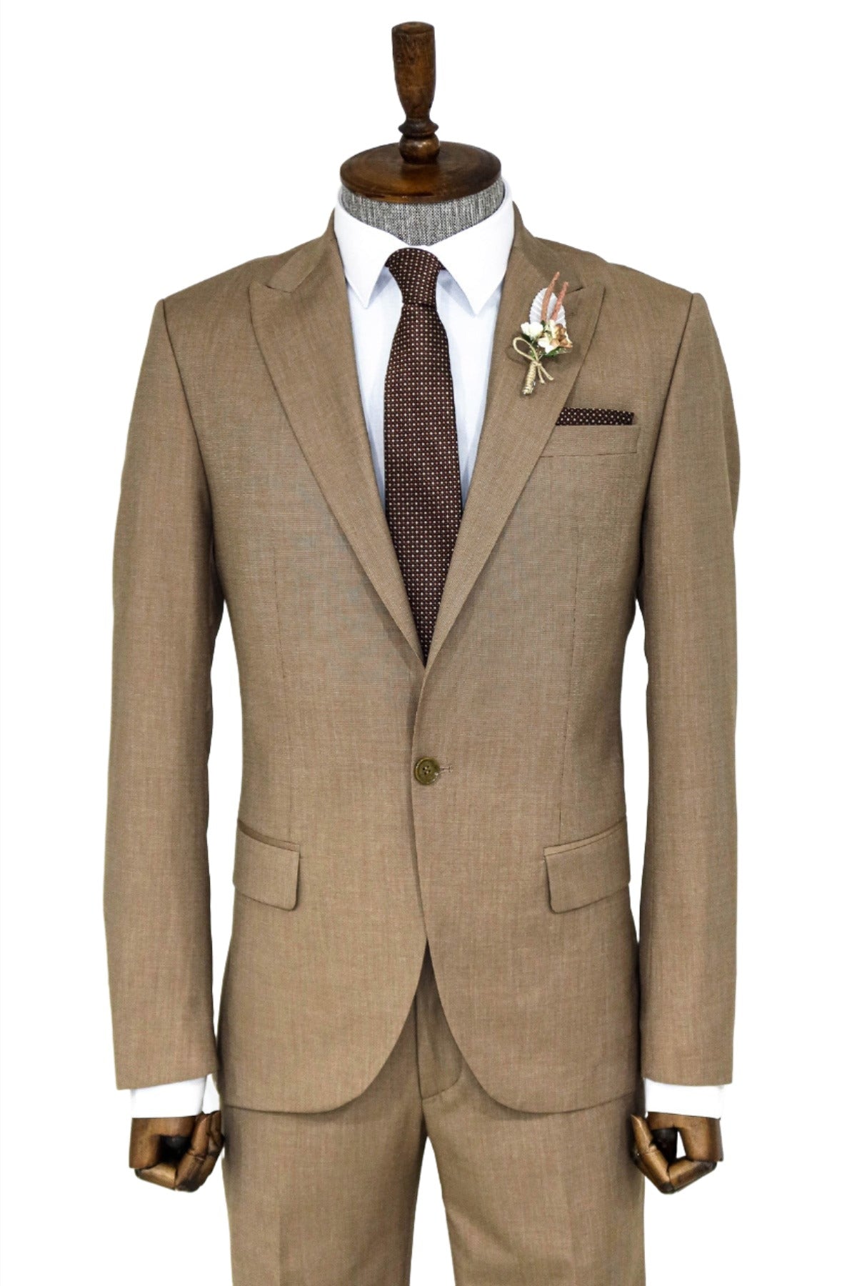 2 Piece Patterned Slim Fit Dark Beige Men Suit