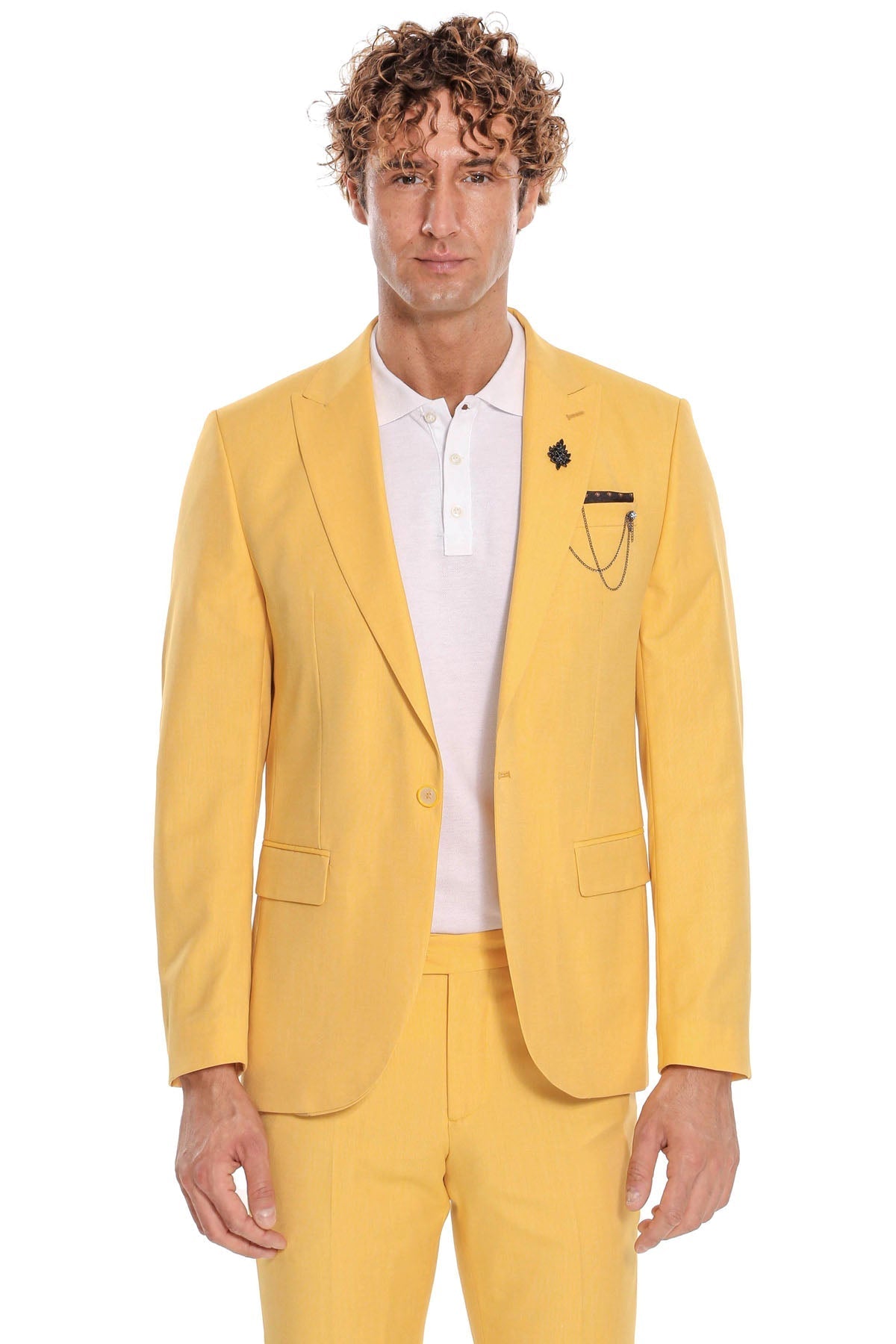 2 Piece Patterned Slim Fit Yellow Men Suit - Image 3