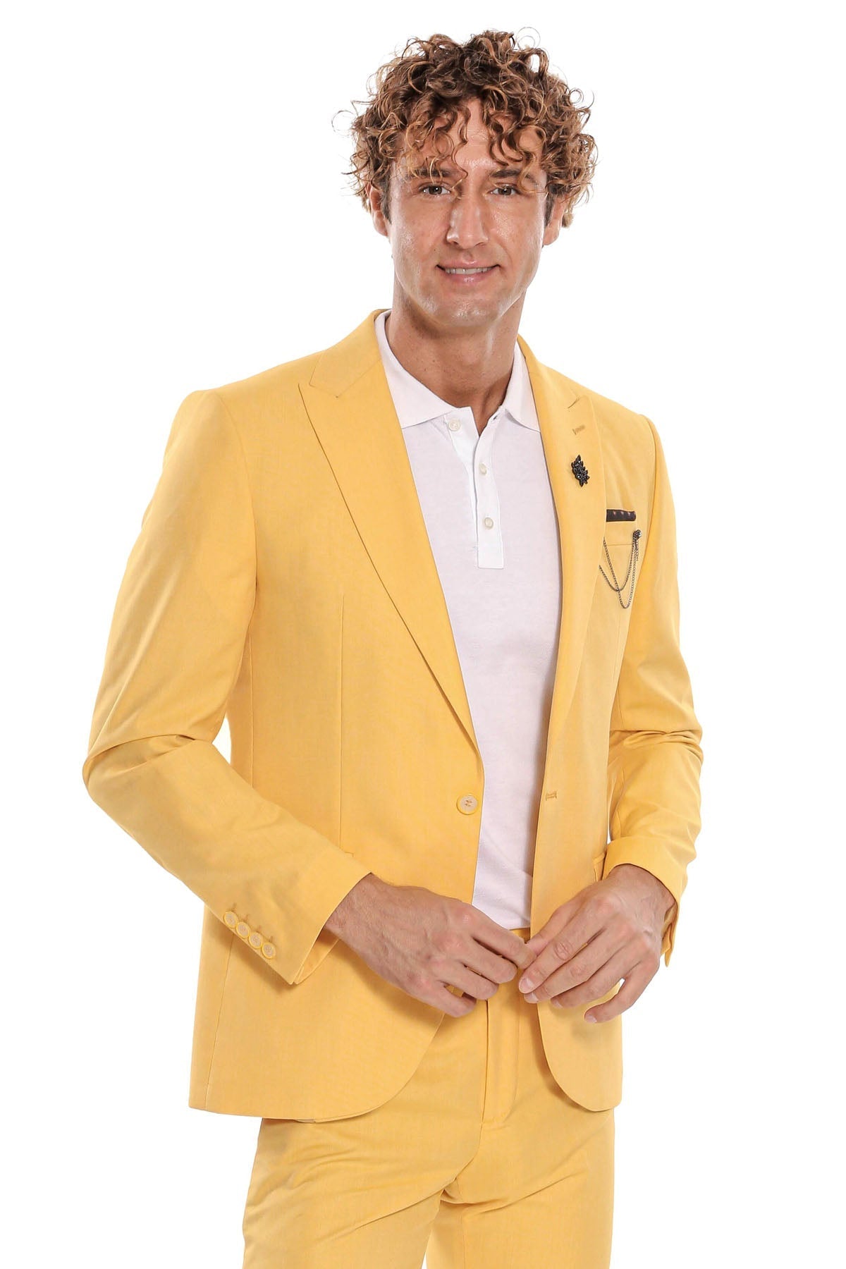 2 Piece Patterned Slim Fit Yellow Men Suit