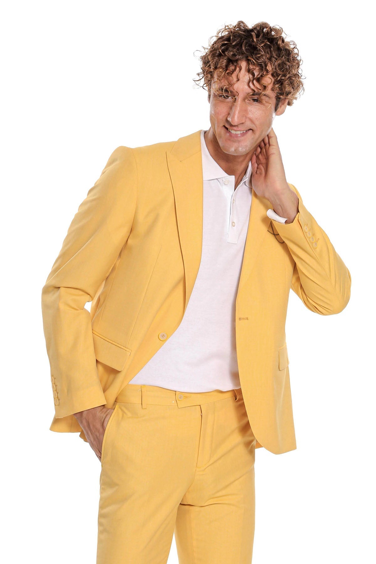2 Piece Patterned Slim Fit Yellow Men Suit - Image 2