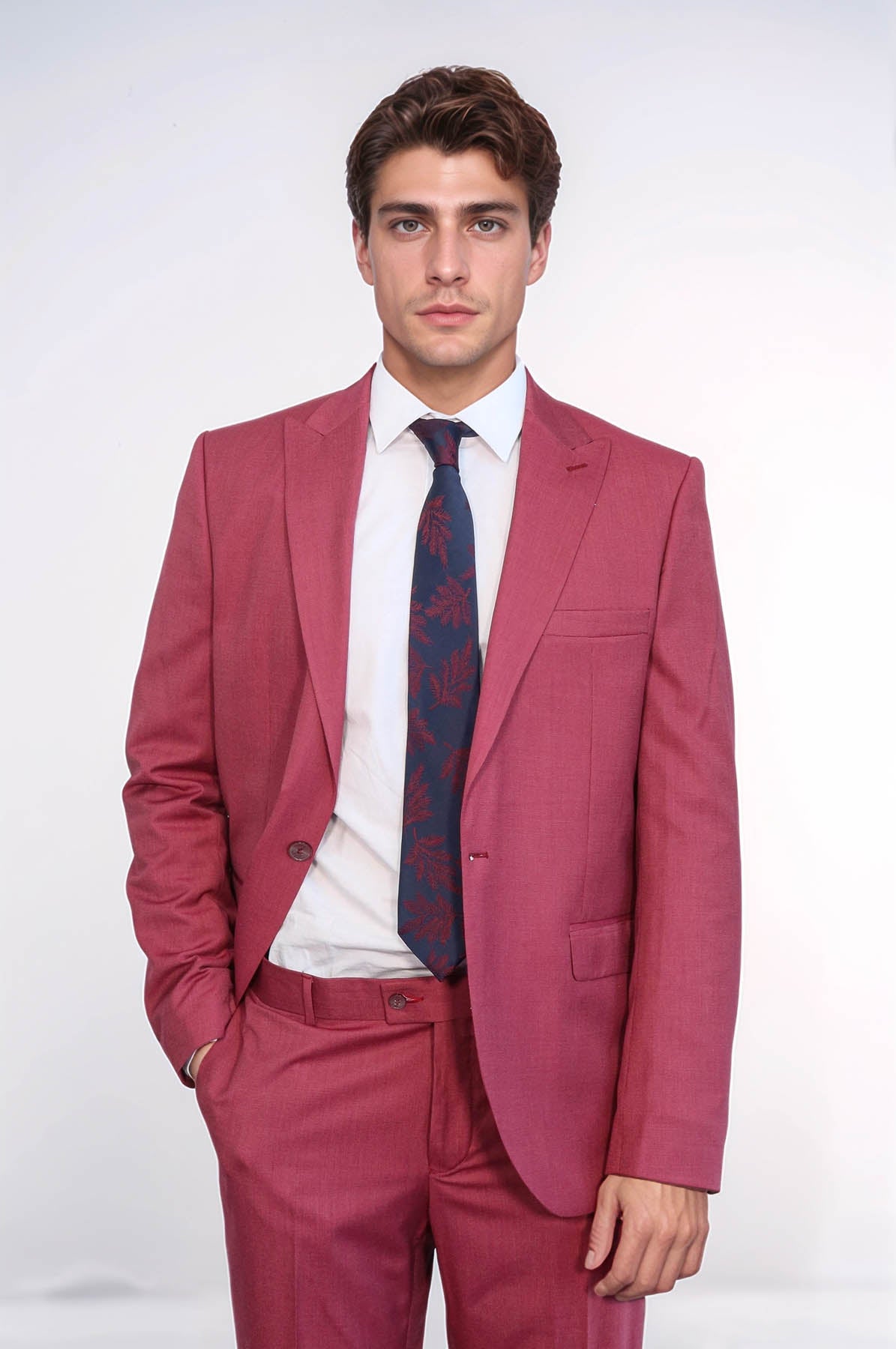 2 Piece Patterned Slim Fit Magenta Men Suit - Image 2