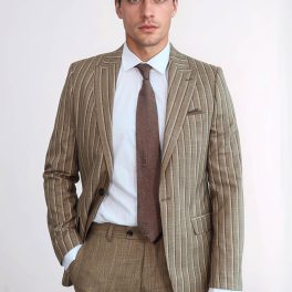 Striped Blazer Plain Pants Light Brown Men Suit