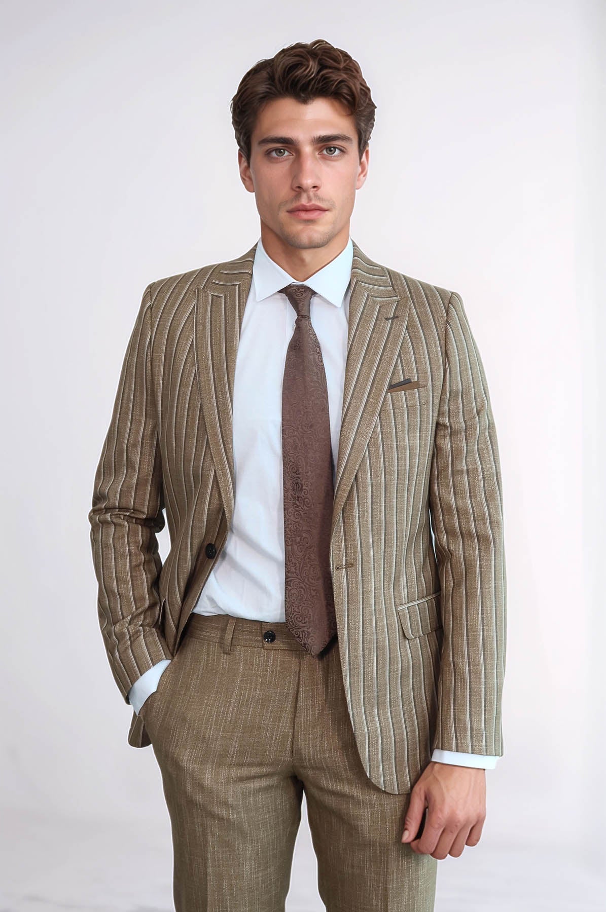 Striped Blazer Plain Pants Light Brown Men Suit