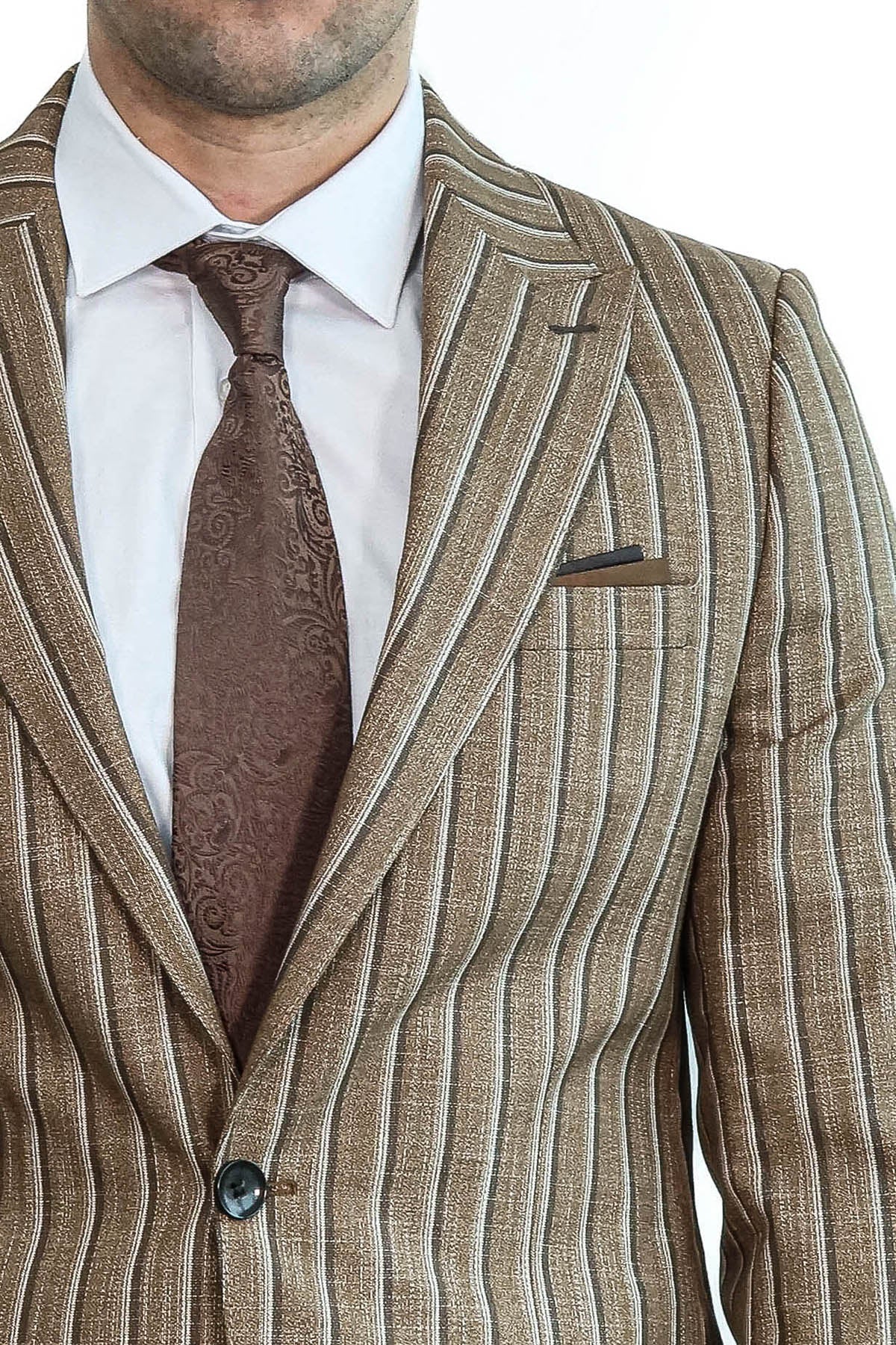 Striped Blazer Plain Pants Light Brown Men Suit - Image 2