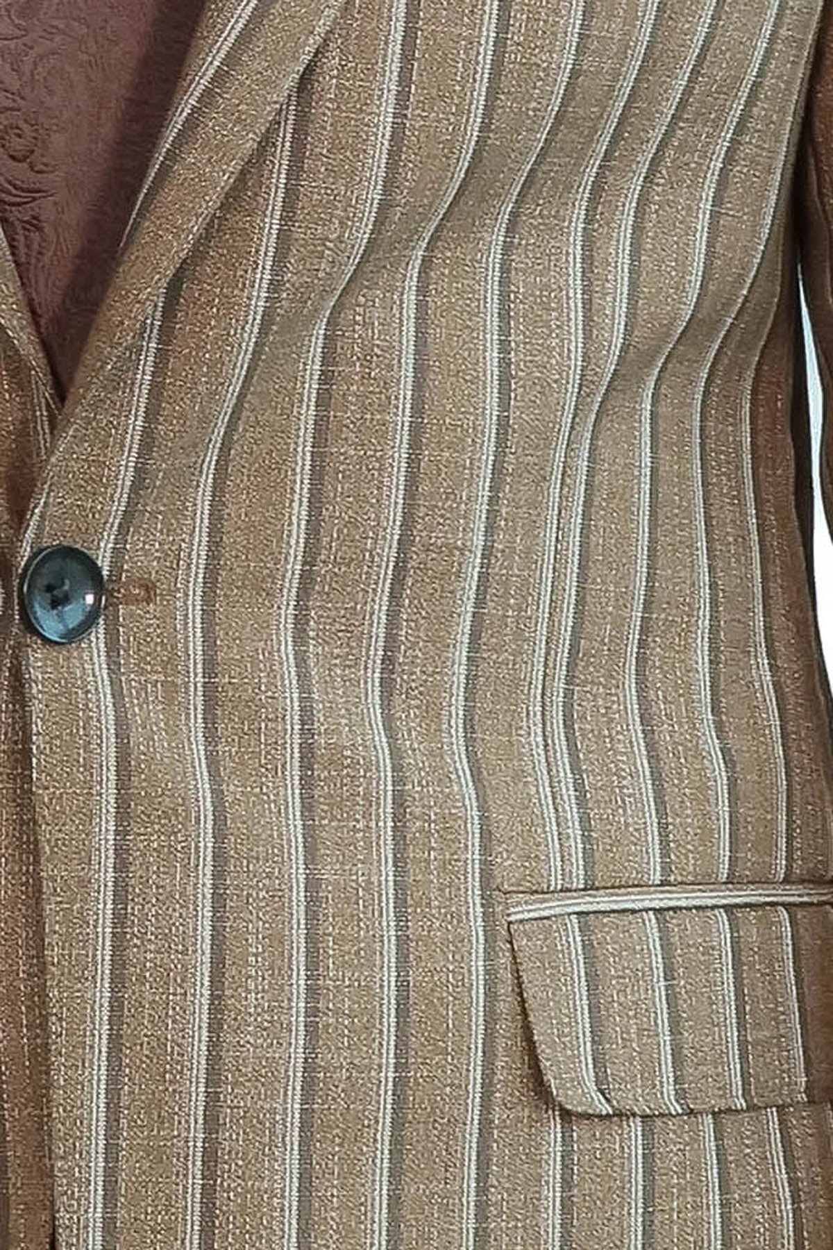 Striped Blazer Plain Pants Light Brown Men Suit - Image 3