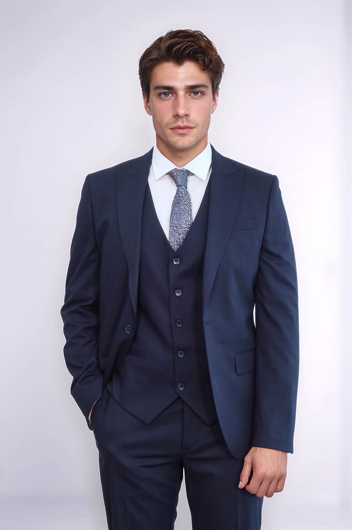 Plain Slim Fit Navy Blue Men Suit