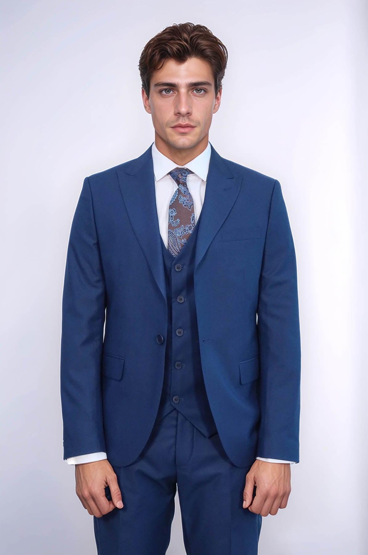 Blue Men's Plain Suit With Vest - Image 2