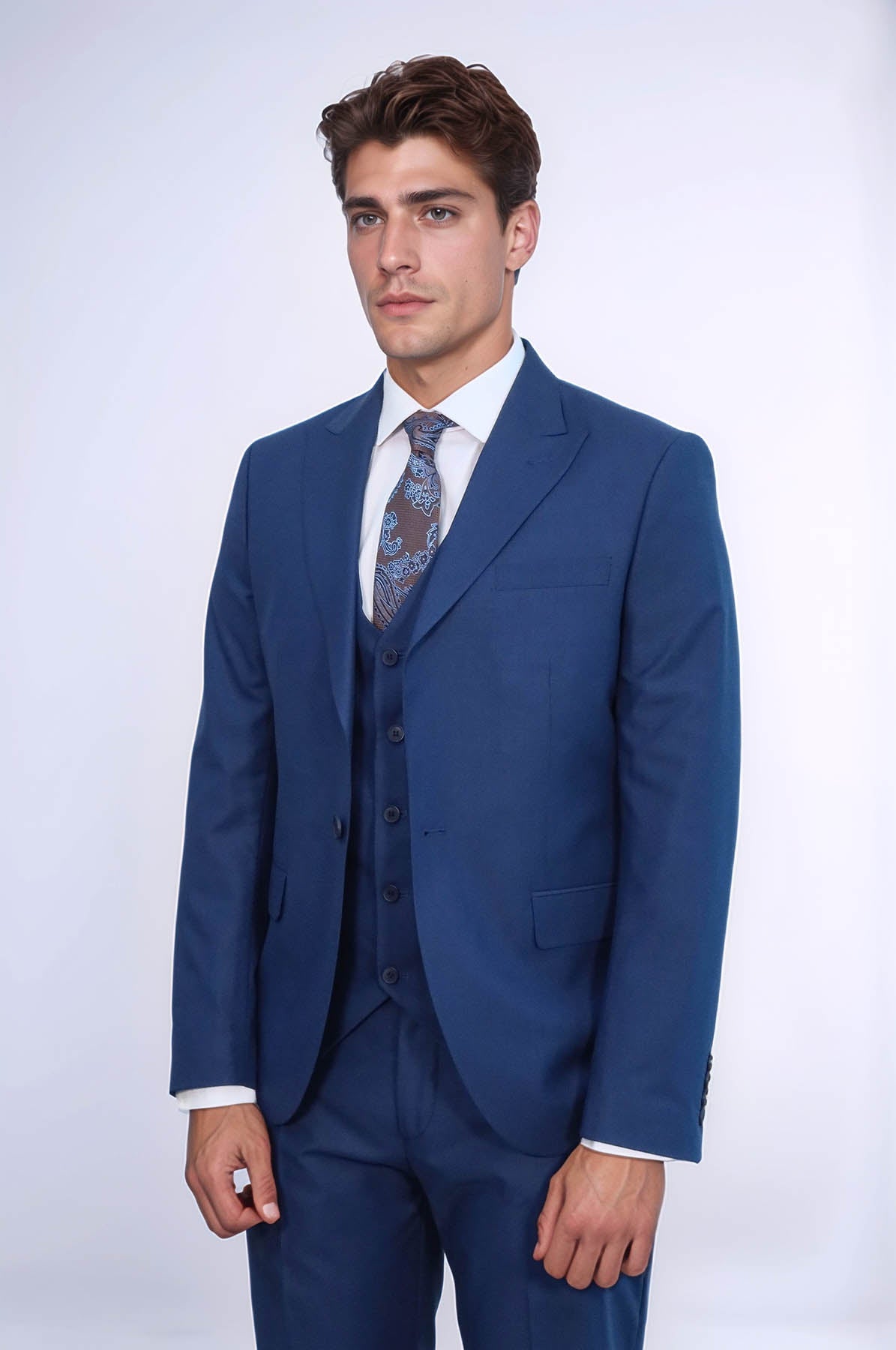 Blue Men's Plain Suit With Vest - Image 3