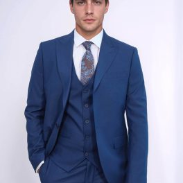 Blue Men's Plain Suit With Vest