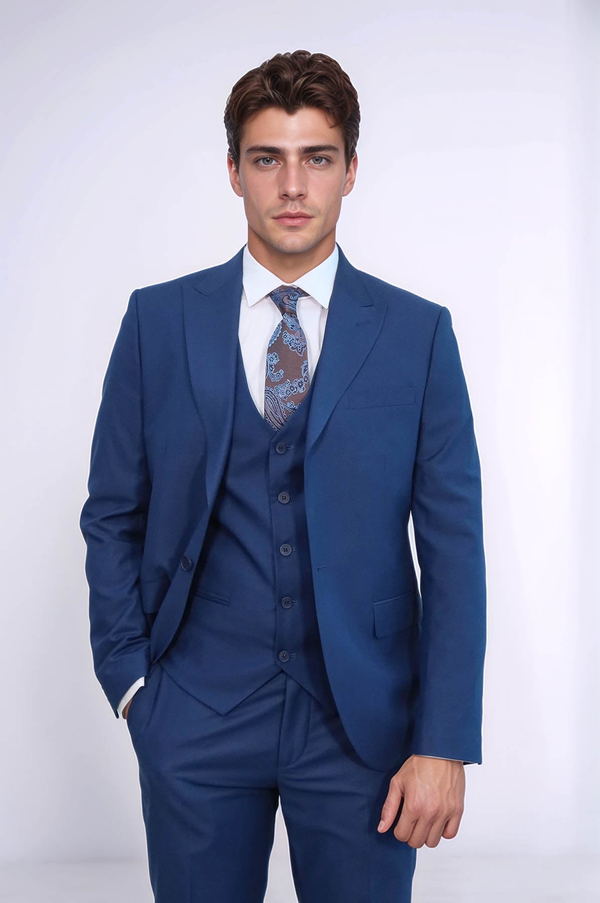 Blue Men's Plain Suit With Vest