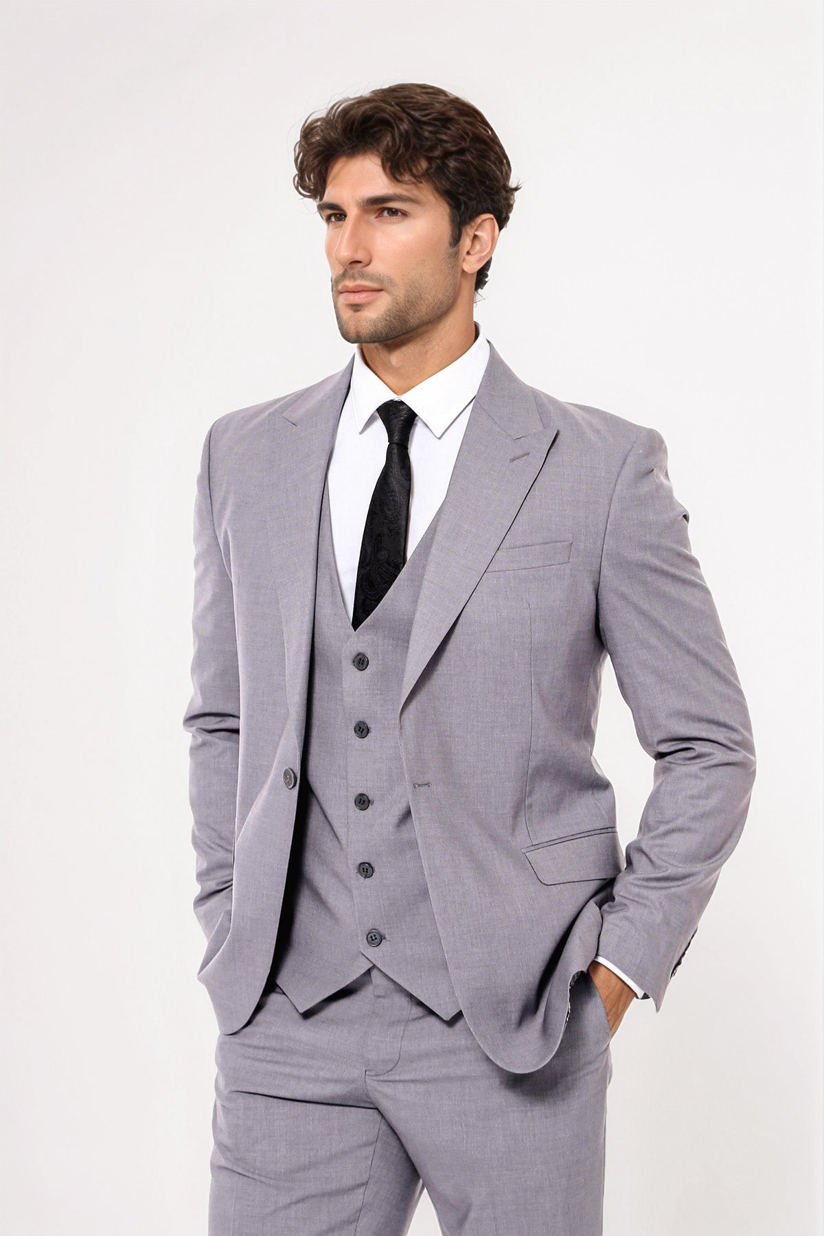 Grey Men's Plain Suit With Vest - Image 2