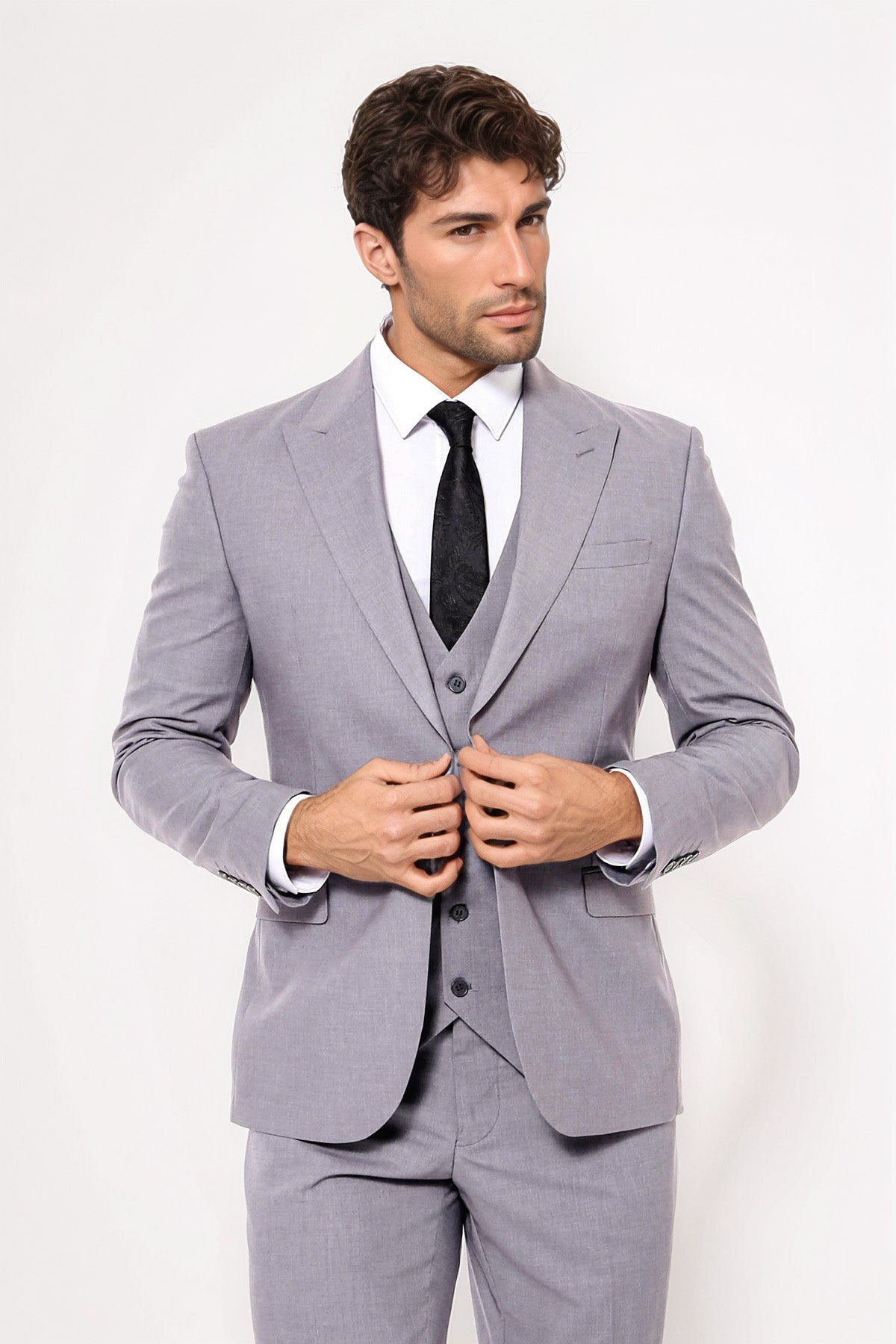 Grey Men's Plain Suit With Vest