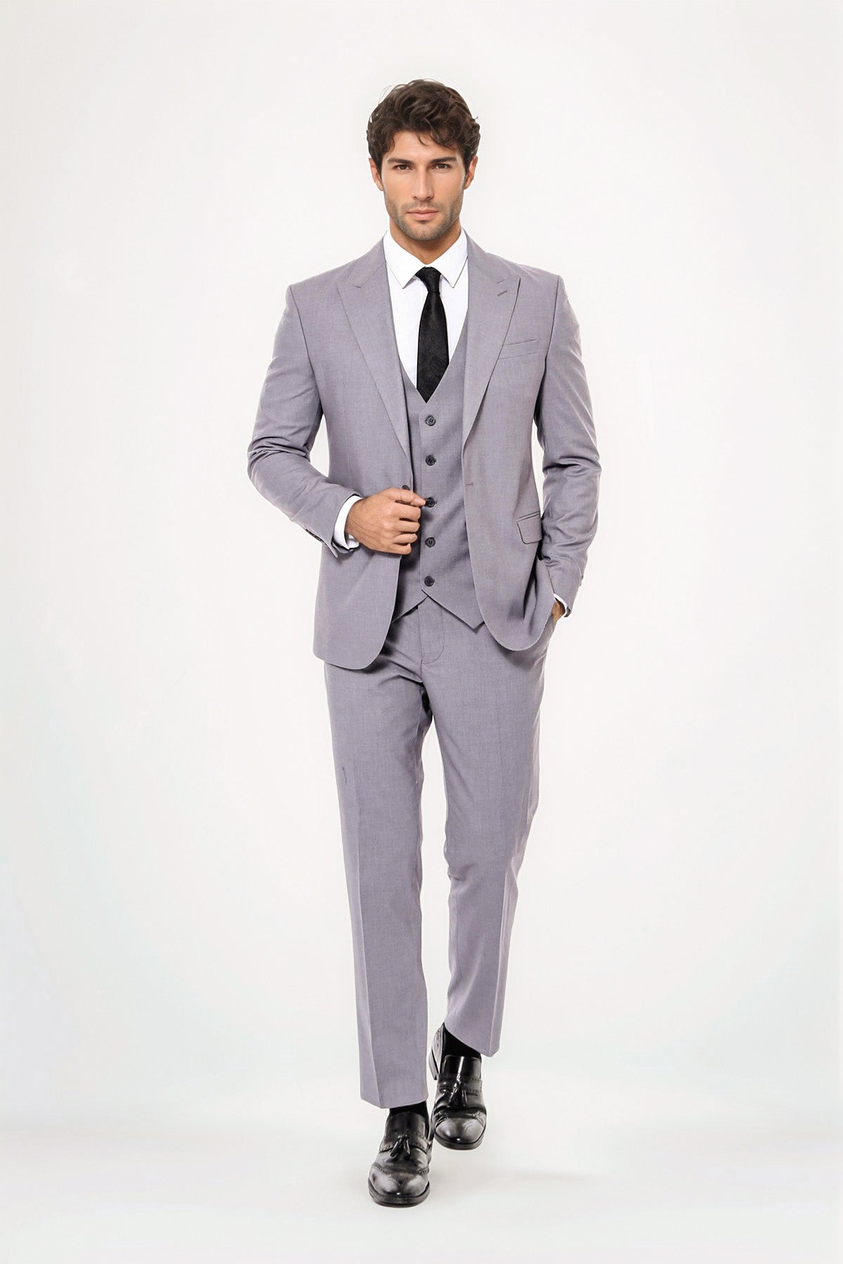 Grey Men's Plain Suit With Vest - Image 3